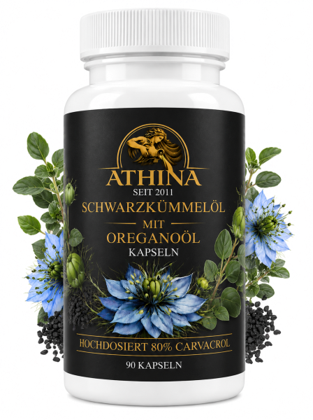 Athina® Oreganoöl mit Schwarzkümmelöl – 90 Kapseln – Hochdosiert 80 % Carvacrol