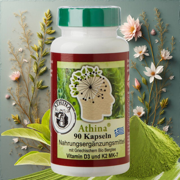 Athina® Griechisches Eisenkraut Vitamin D3 und K2 MK-7 Bergtee 90 Kapseln. PREMIUM