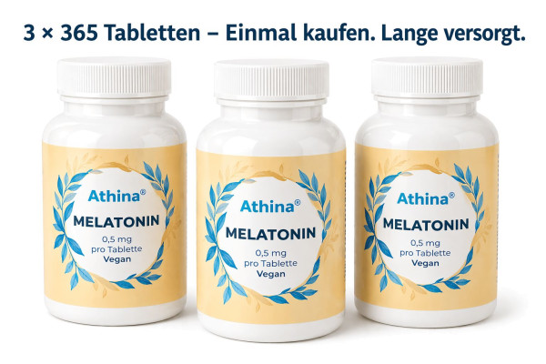 Athina® Melatonin 3er Pack – 3 x 365 Tabletten – 0,5 mg Melatonin pro Tablette – Made in Germany