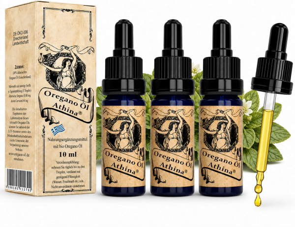 Athina® Oregano Öl, 3 x 10 ml 100% Premium ätherisches Oreganoöl, 80% Carvacrol.