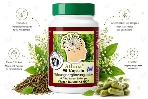 Athina® Griechisches Eisenkraut Vitamin D3 und K2 MK-7 Bergtee 90 Kapseln. PREMIUM